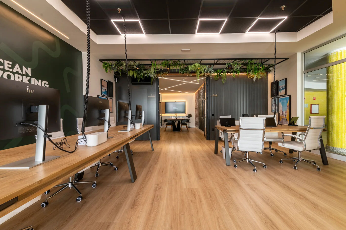 Espacio diáfano del coworking Oceanworking terminado, con suelo de madera, puestos de trabajo y plantas