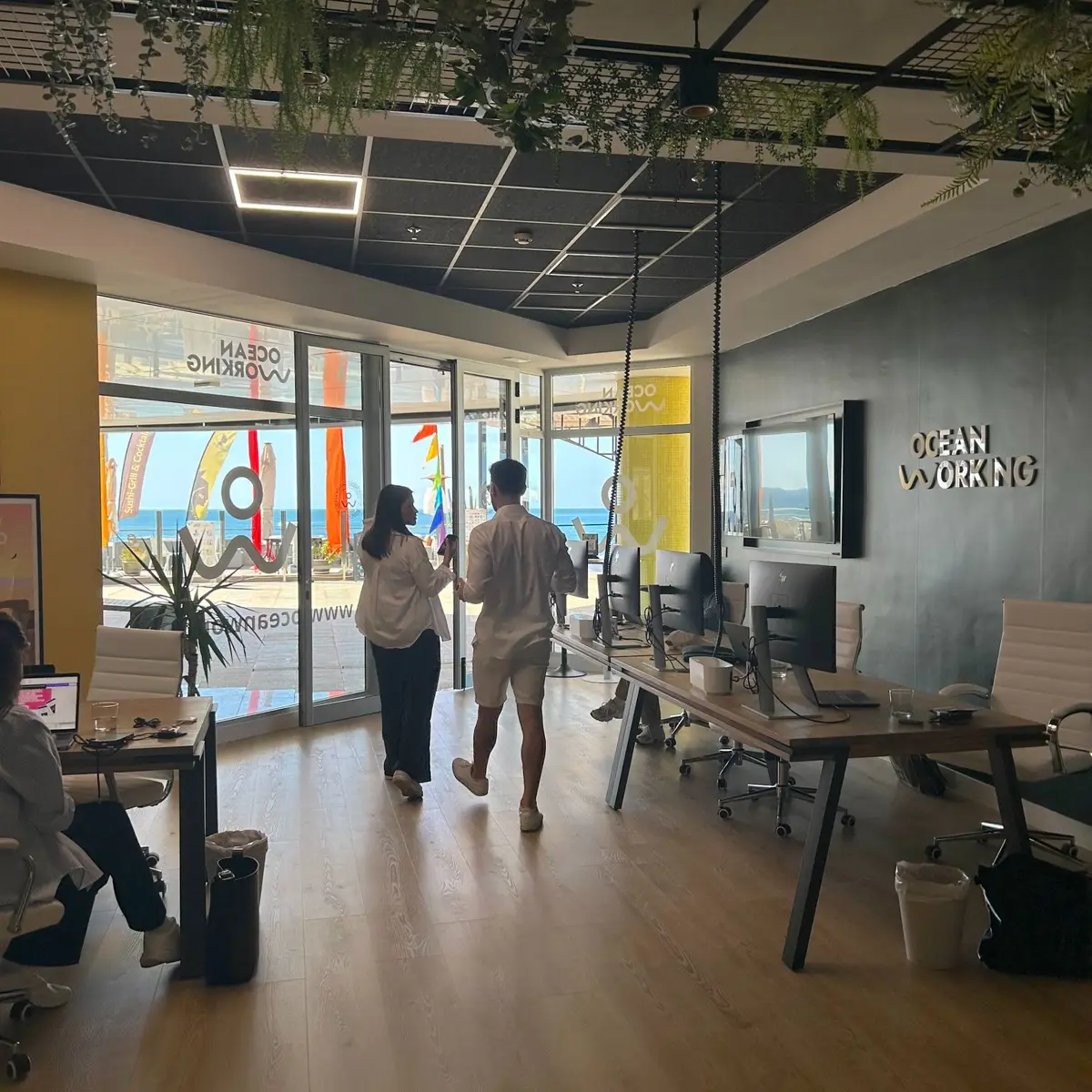 Espacio de coworking luminoso de Oceanworking en Maspalomas, con puestos de trabajo junto a grandes ventanales