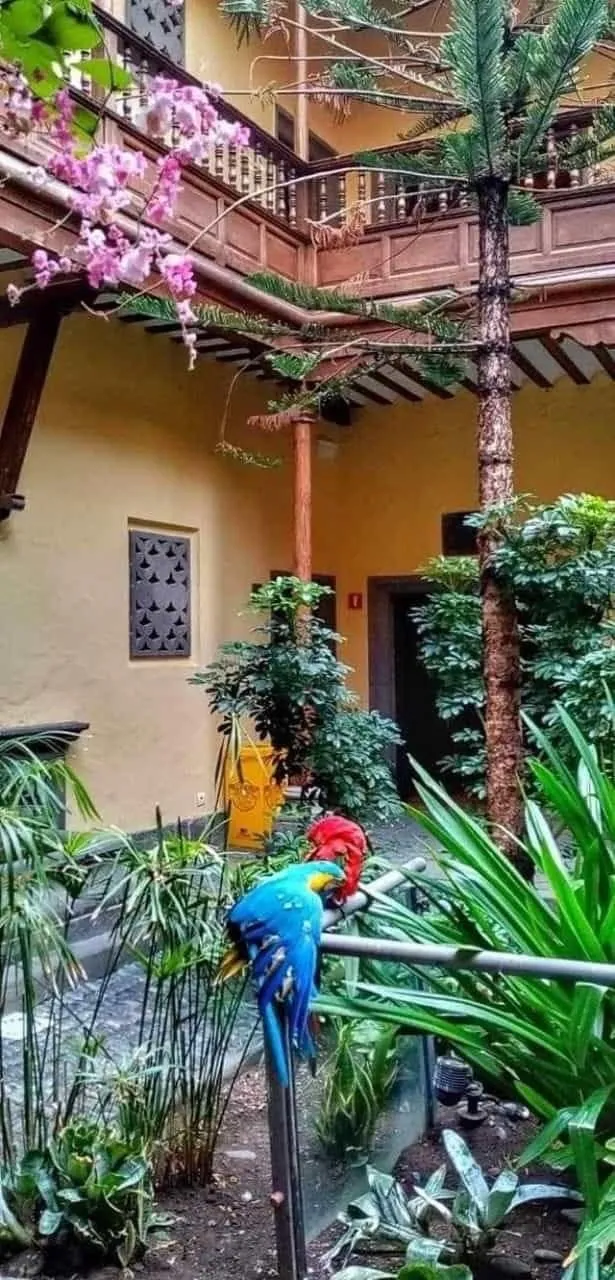 Inner courtyard with carved wooden balconies of the Casa de Colón in Las Palmas de Gran Canaria